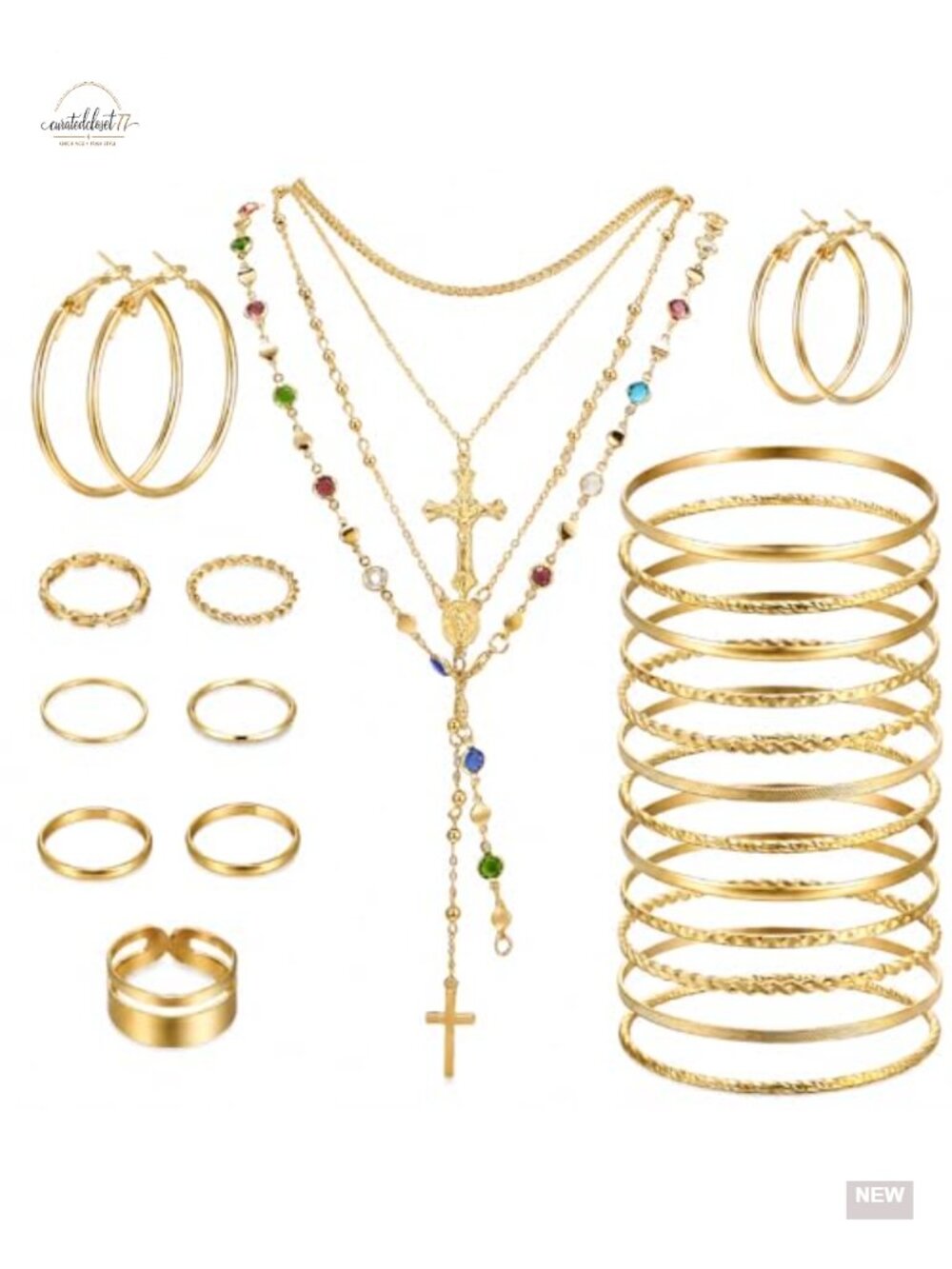 27Pcs Gold Cross Jewelry Set with Beaded Y Long Pendant Necklace Hoop Earrings